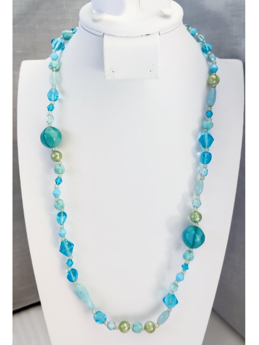 Vintage Signed Miriam Haskell Art Glass Bead Necklace Turquoise Baby Blue 22"